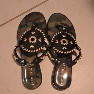 Jack Rogers Camouflage Sandals with Black and Cream Details